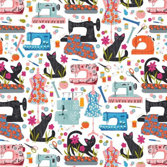 100% Cotton - Purrfect Stitches - Crafty Cats - 100% Cotton