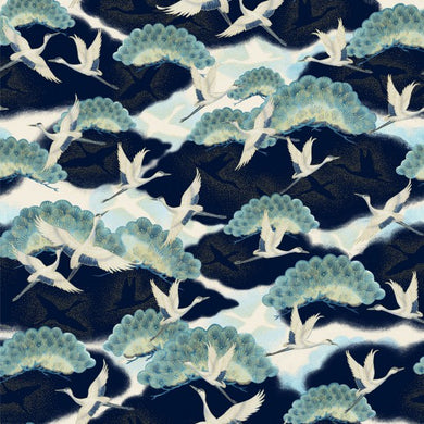 Cranes in Flight - Navy/Teal - 100% Cotton