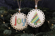 Load image into Gallery viewer, Cross Stitch: Pre-punched Wooden Shape: Joy &amp; Tree