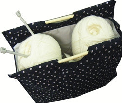 Traditional Knitting Bag with Wooden Handles - Navy Blue with white daisies
