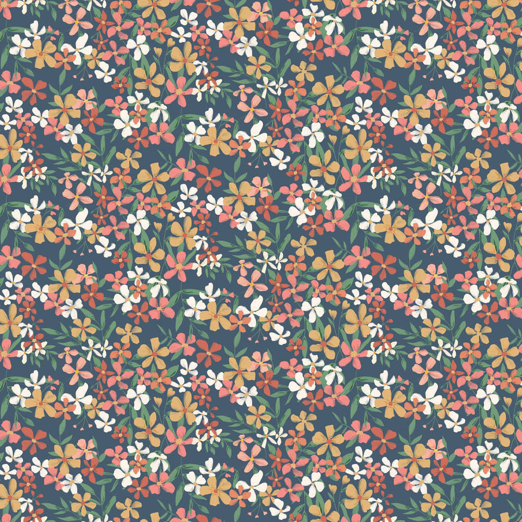 100% Cotton - Painted Blossoms - Navy 100% Cotton